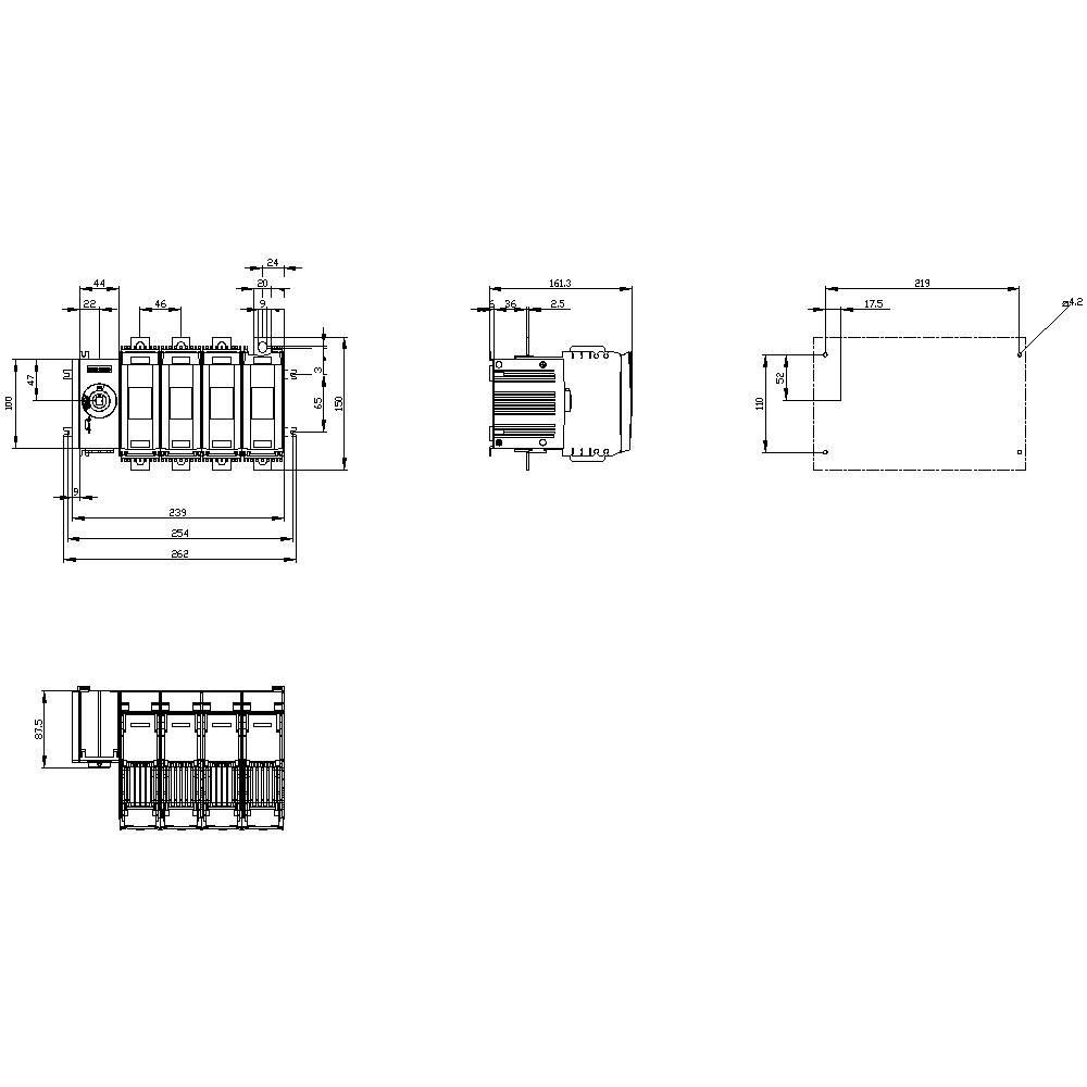 Technical drawing of an electrical switch with dimensions in millimetres. Shows front, side, and top views.