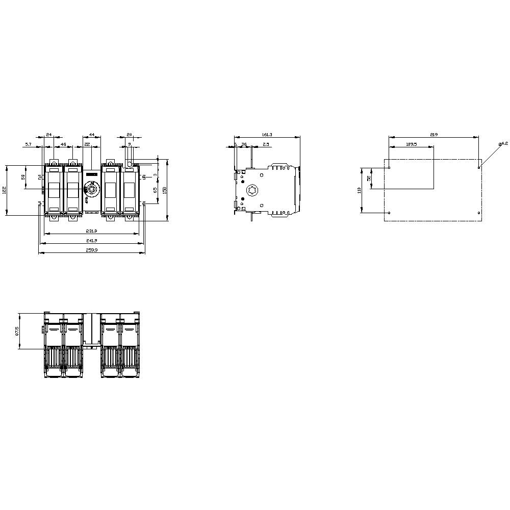 Technical drawing of a three-phase circuit breaker with precise dimensional specifications in millimetres, front and side views.