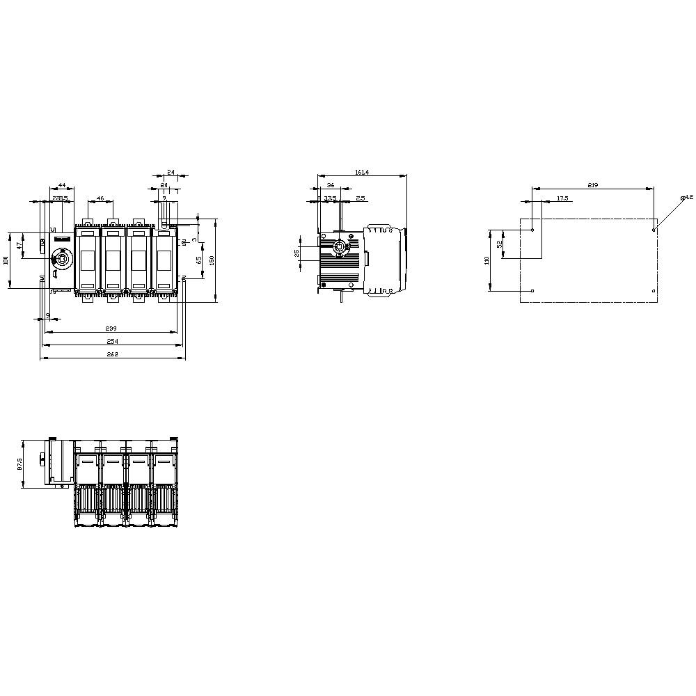 Technical drawing shows detailed dimensions and views of an electrical switch with four toggle switches.