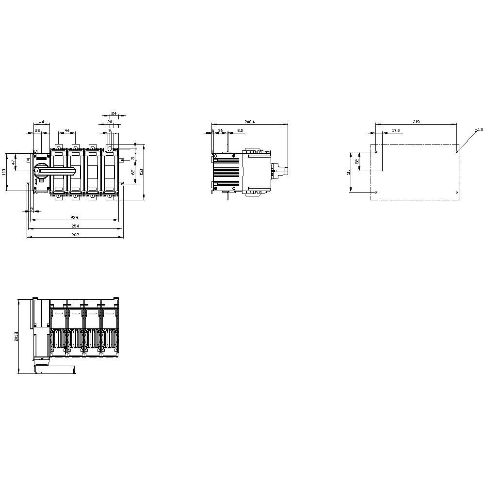 Technical drawing of an electrical installation with dimensions in millimetres; shows front, side, and top views for installation purposes.