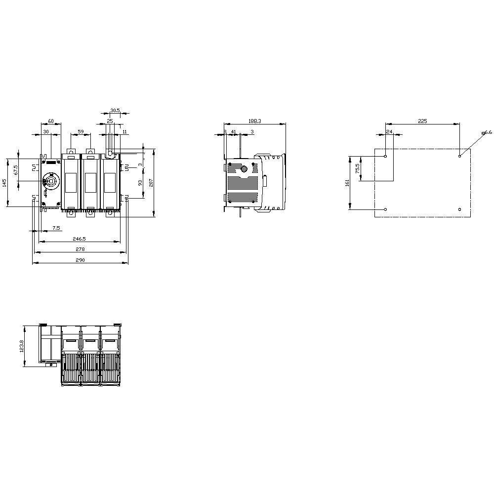 Technical drawing with dimensions and view of an electrical switch. Shows front, side, and top view with precise measurements.