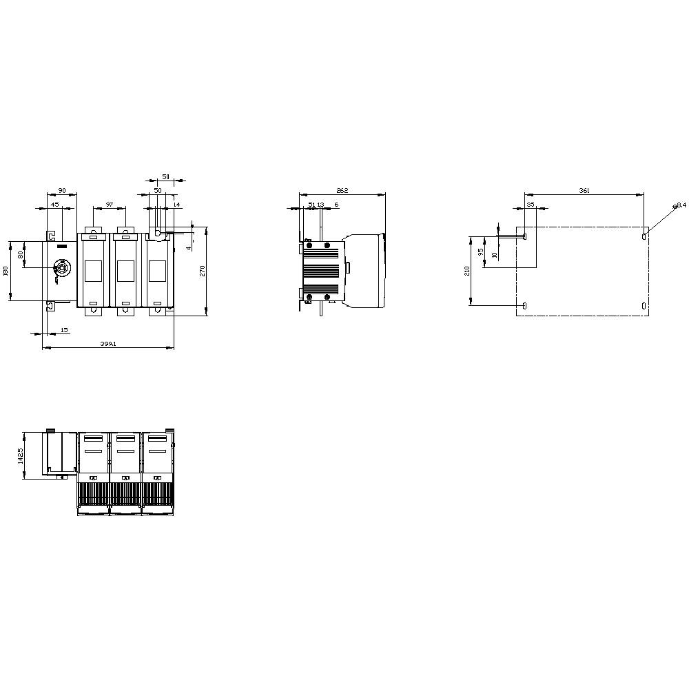 Technical drawing of a multi-phase circuit breaker with front, side, and top views, dimensions in millimetres.