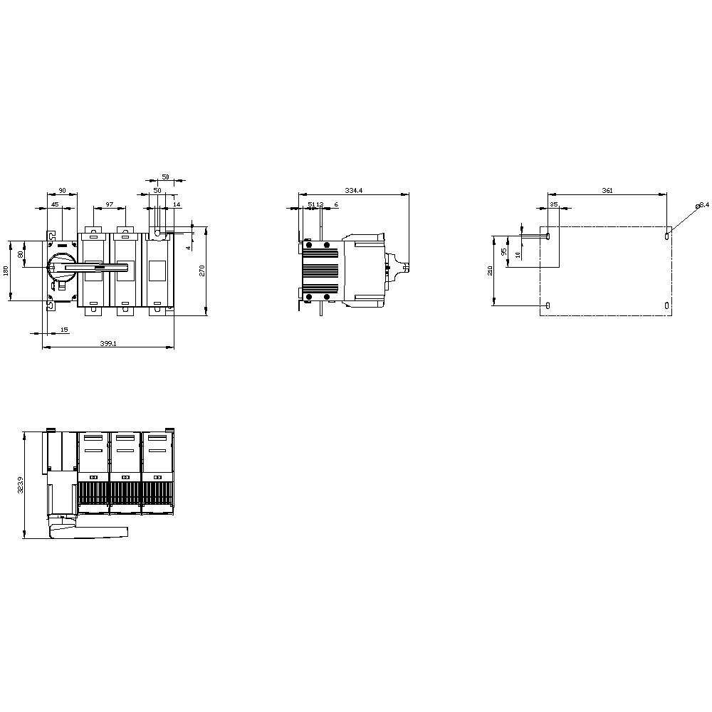 Technical drawing of an electronic component with multiple views, dimensions, and details of connections and housing.