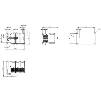 Technical drawing of an electronic component with multiple views, dimensions, and details of connections and housing.
