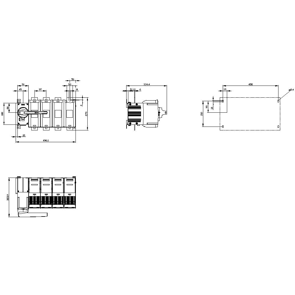 Technical drawing of a device with multiple components, dimensions in millimetres, side and front views.