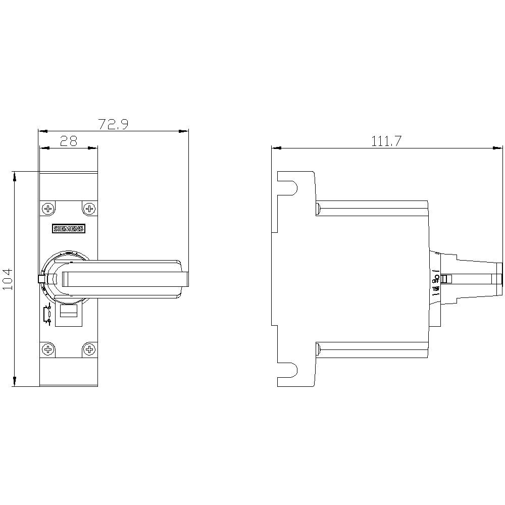 Technical drawing of a door handle with dimensions. Left: 104 x 72.9 mm, right: 111.7 mm length. Shows fixings and proportions.