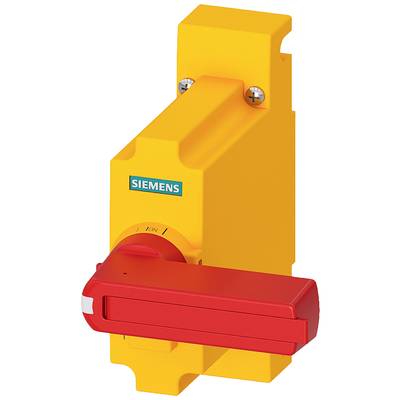A yellow Siemens main switch with a red rotary handle, mounted on a surface, serves for safe electrical disconnection in industrial applications.
