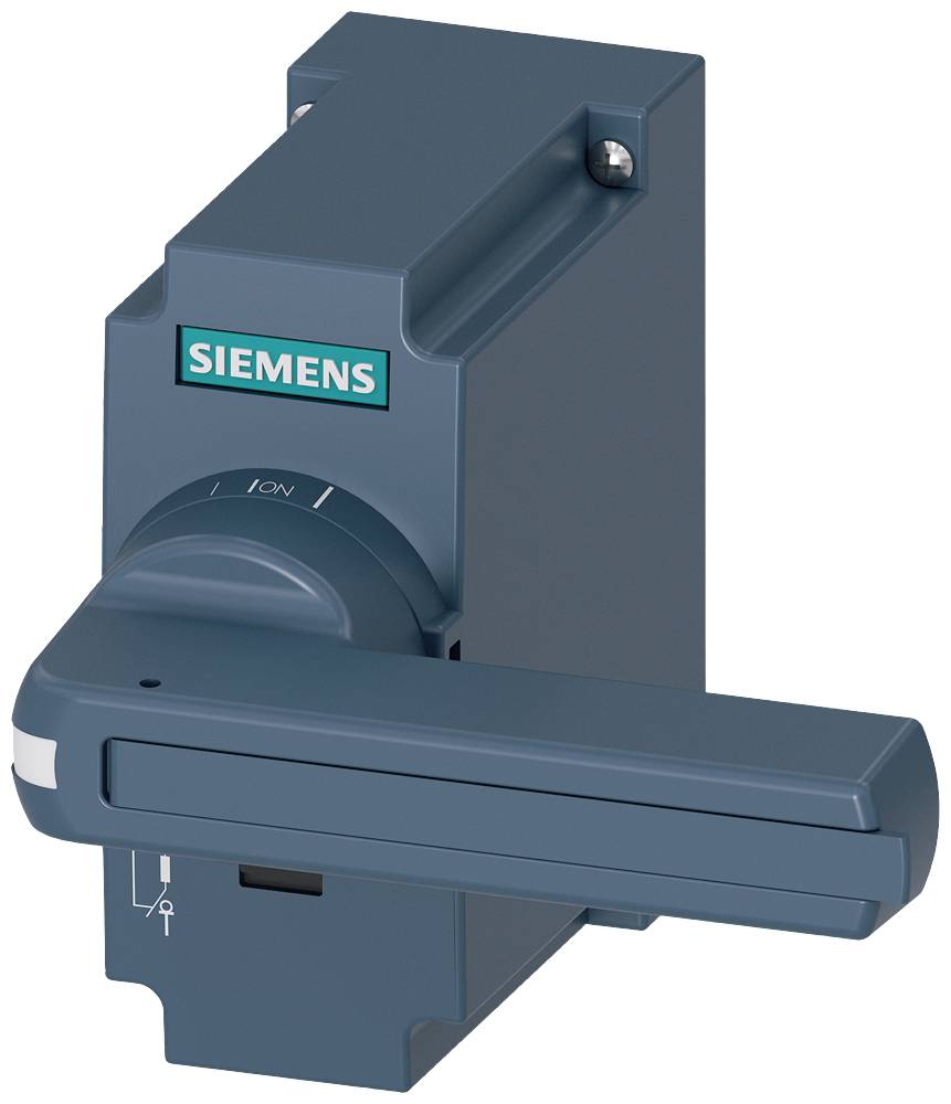 A grey Siemens main switch with an ergonomic handle, in neutral position, for controlling electrical devices, mounted on a wall.
