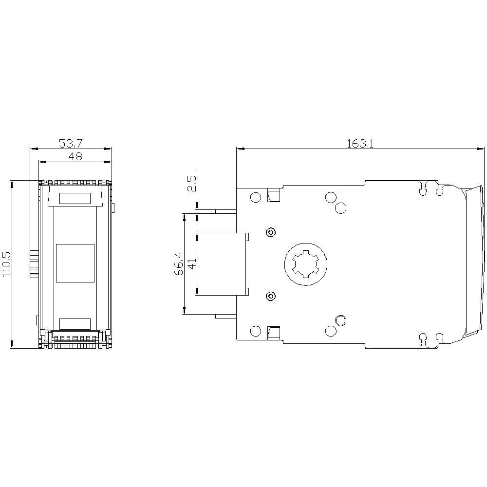 Drawing of an electronic component with dimensions. Left front view shows measurements in millimetres: 53.7 width, 110.5 height. Right top view shows length 163.1.
