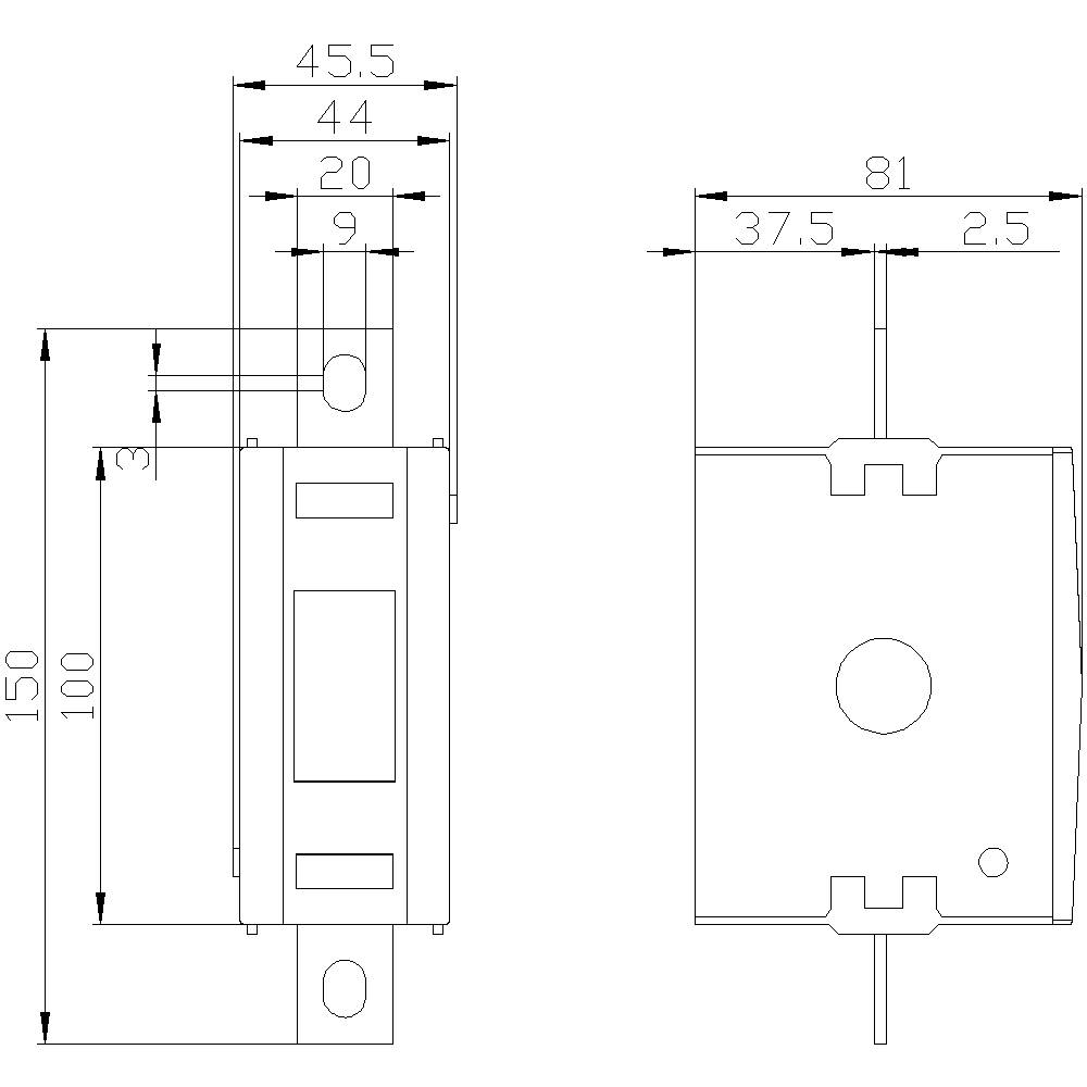 Technical drawing of a rectangular component with dimensions: left 150x45.5x20 mm, right 81x37.5x2.5 mm, with holes.