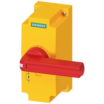 Yellow enclosure with a red switch handle, labelled 'Siemens', represents an emergency stop control panel, likely for safety applications.