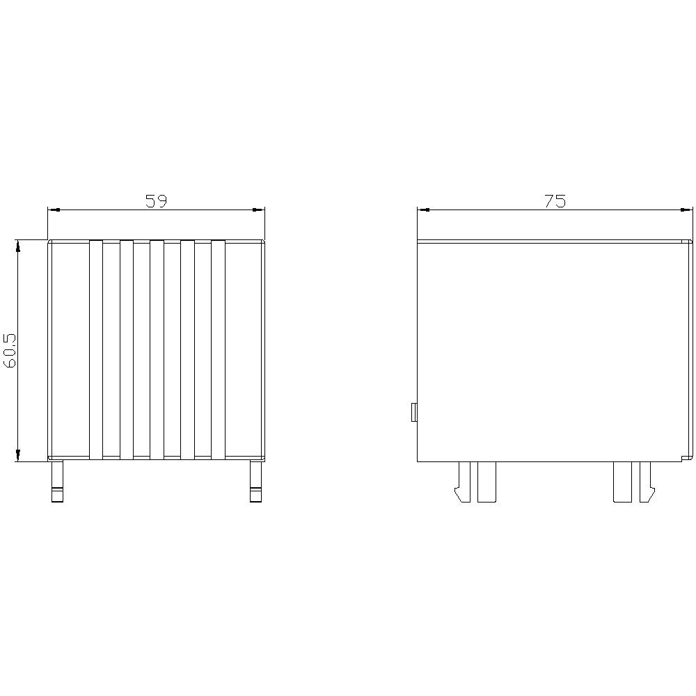 Technical drawing of furniture piece with dimensions 60.5 cm height, 59 cm width, 75 cm depth. Front and side views are shown.