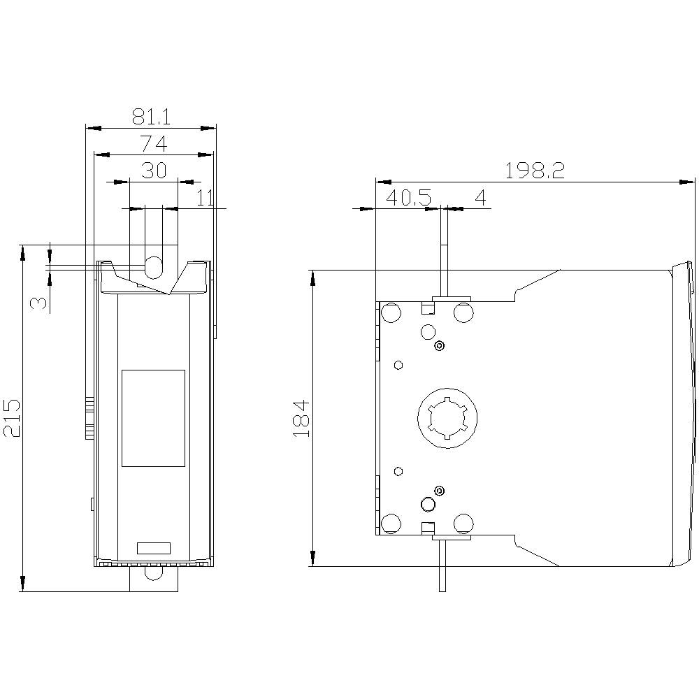 Technical drawing of an electrical device with dimensions: Width 81.1 mm, Height 215 mm, Depth 198.2 mm. Shows front and side view.