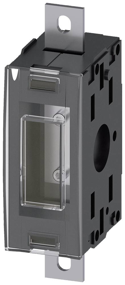 Black electric switch without labelling or visible buttons, vertical orientation, with transparent protective casing.