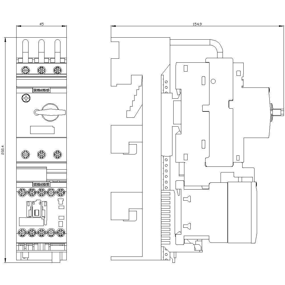 Technical drawing of an electrical switching device with front and side views, showing dimensions and connection details for installation.