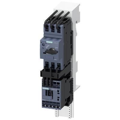 A SIRIUS protection switch from Siemens, mounted on a DIN rail, shows the front view with control buttons and labels.