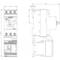 Technical drawing of an electrical switching device, with front and side view. Dimensions are indicated. Main components are labelled.