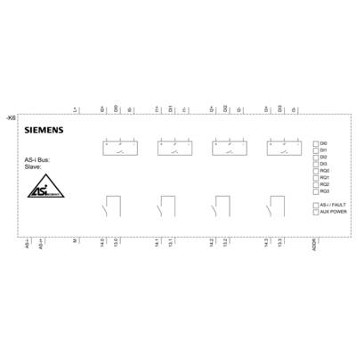 Siemens' AS-i Bus module diagram shows switch positions and status LEDs for I/O functions and power supply.