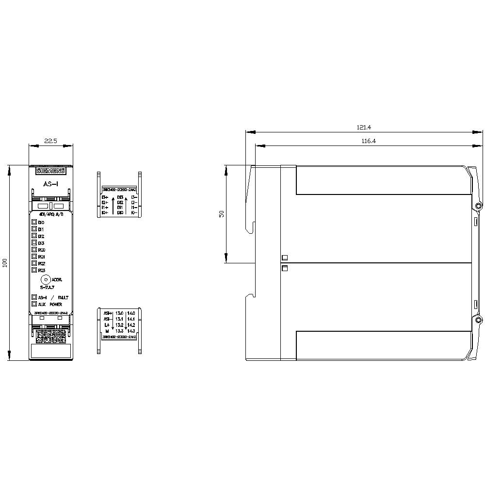 Electrical circuit diagram of a device with dimensions: 126.4 mm length, 100 mm height, 22.5 mm width. Connections and labels are visible.
