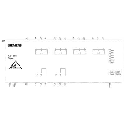 Control diagram of a Siemens AS-i Bus Module, showing connections for inputs D0-D3 and outputs R00-R01, with error and power indicator.