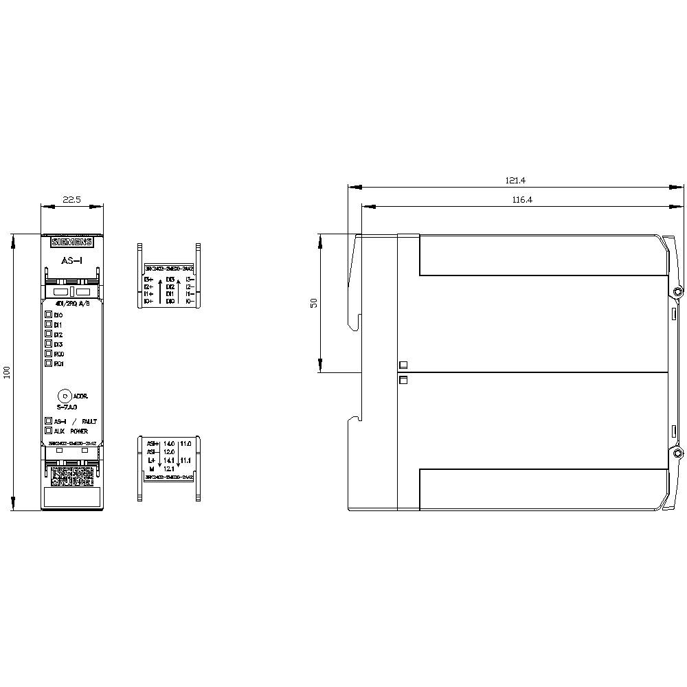 Dimensional diagram of an electronic device with measurements and labels in millimetres. Height 100, Width 121.4 and Depth 22.5.