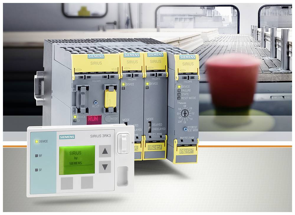 'Siemens Sirius'. Electrical control devices in front of an industrial background scene with an operator panel in the foreground.