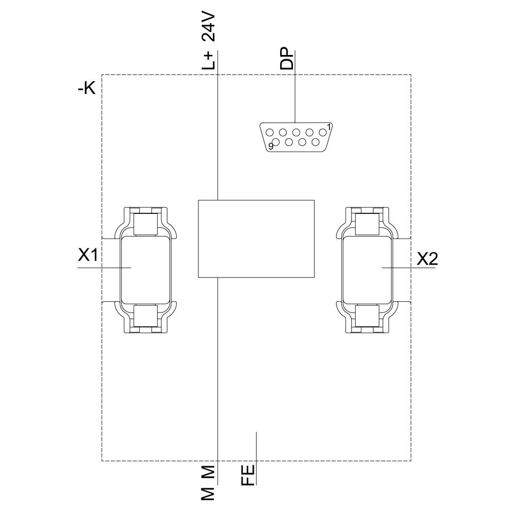 'Circuit diagram with two X connections, terminals for -K and +L, and DP interface. Shows connections for 24V and earthing.'