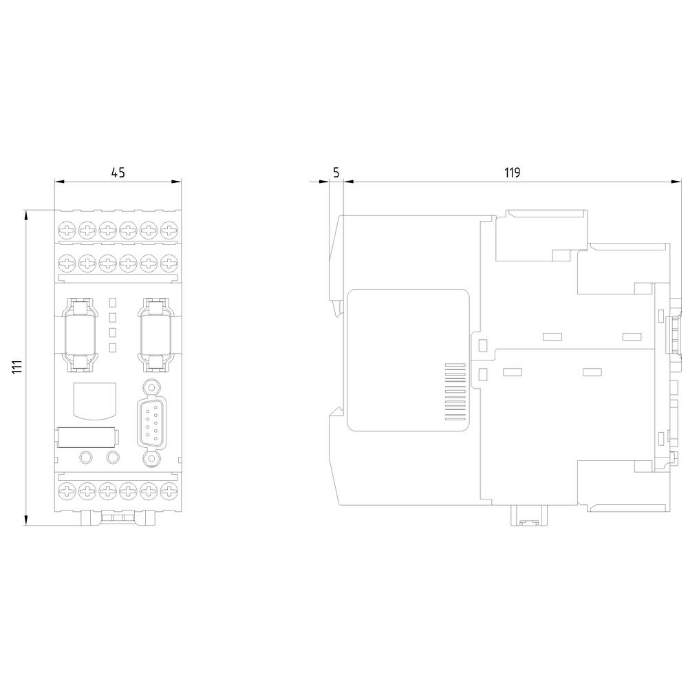 Technical drawing of an electronic device; front view on the left, top view on the right with dimensions: 111 mm x 119 mm x 45 mm.