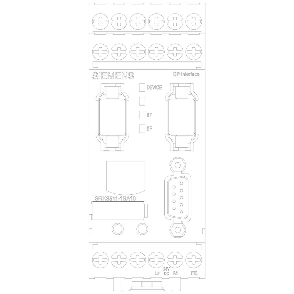 'Siemens DP Interface'; shows connections and indicators for 'Device', 'BF', 'SF'; right side offers 9-pin connector, bottom has power supply markings '24V DC M'.