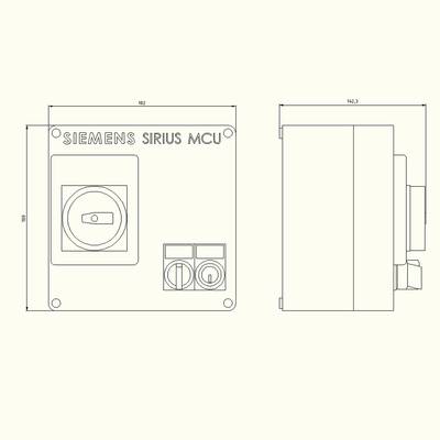 Technical drawing of a Siemens Sirius MCU. Front and side view with dimensional measurements. Main switch and connections are visible.