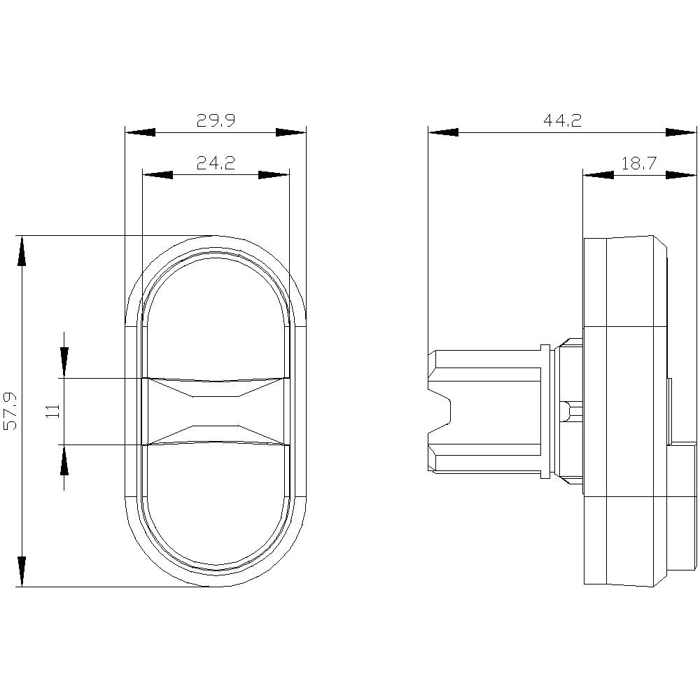 Technical drawing of an oval lock cylinder with dimensions in millimetres: length 57.9, width 29.9, depth 24.2/44.2, profile view.