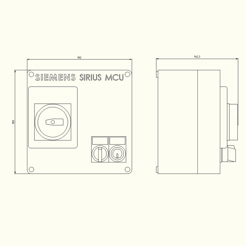 Technical drawing of a Siemens SIRIUS MCU. Representation of front and side view with dimensions in mm: 152 width, 143.3 depth, 182 height.