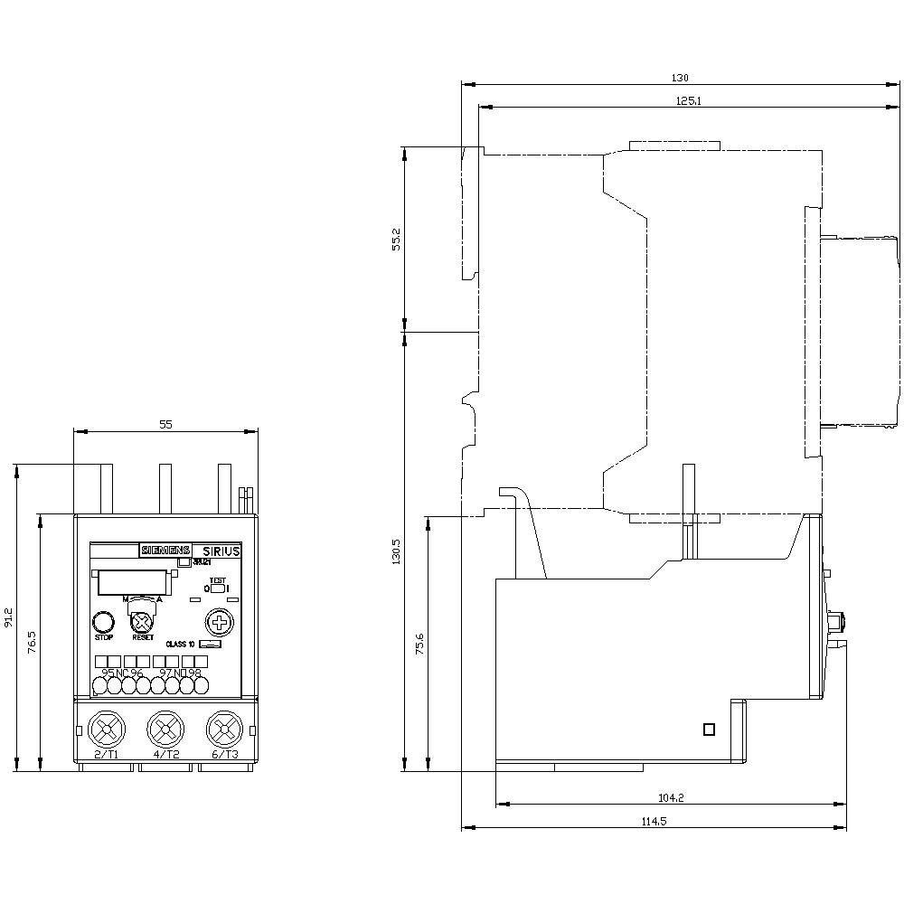 Technical drawing of an electrical device with detailed dimensions; shows front and side view for installation planning.
