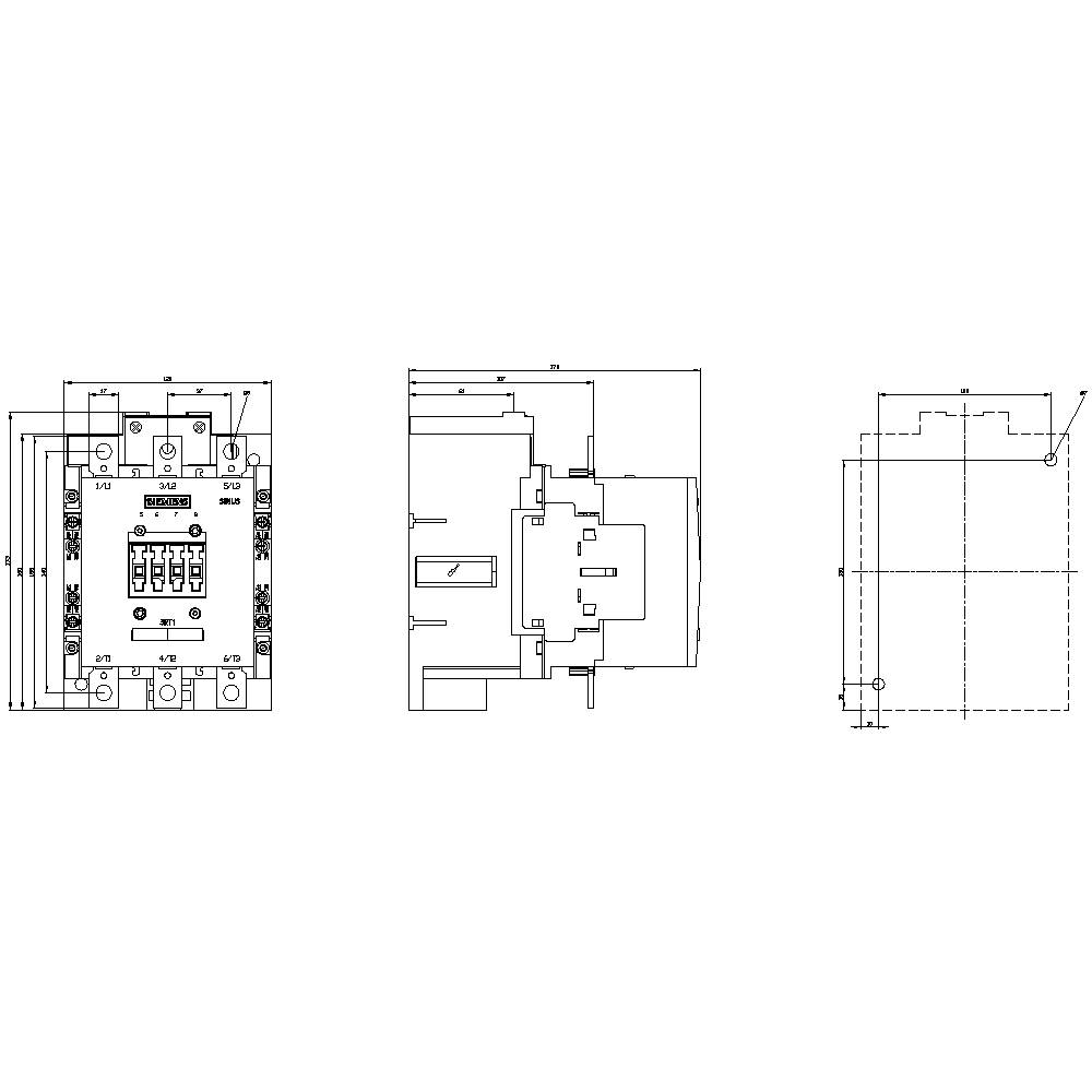 Technical drawing of an electrical contactor, front, side, and top views with dimensional details and connection specifications.