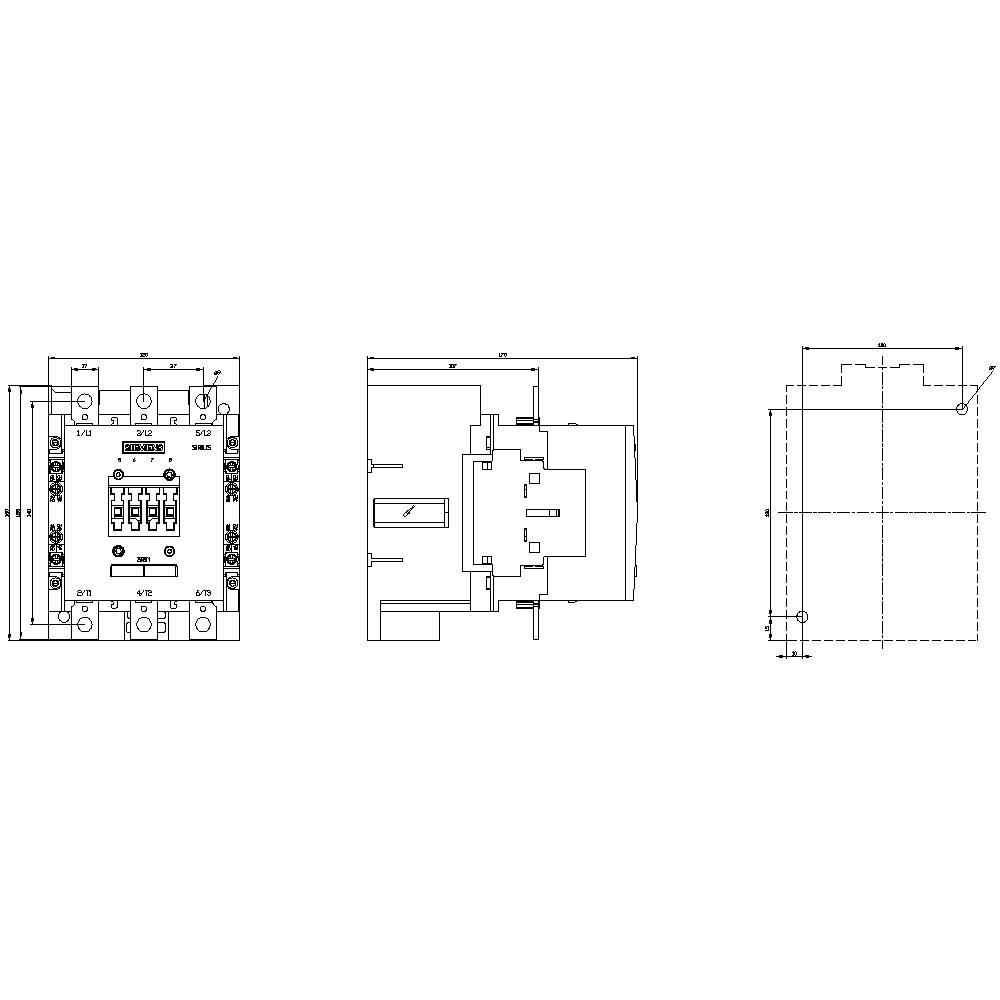 Technical drawing of an electrical switch, showing front, side, and top views with connection points and dimensions.