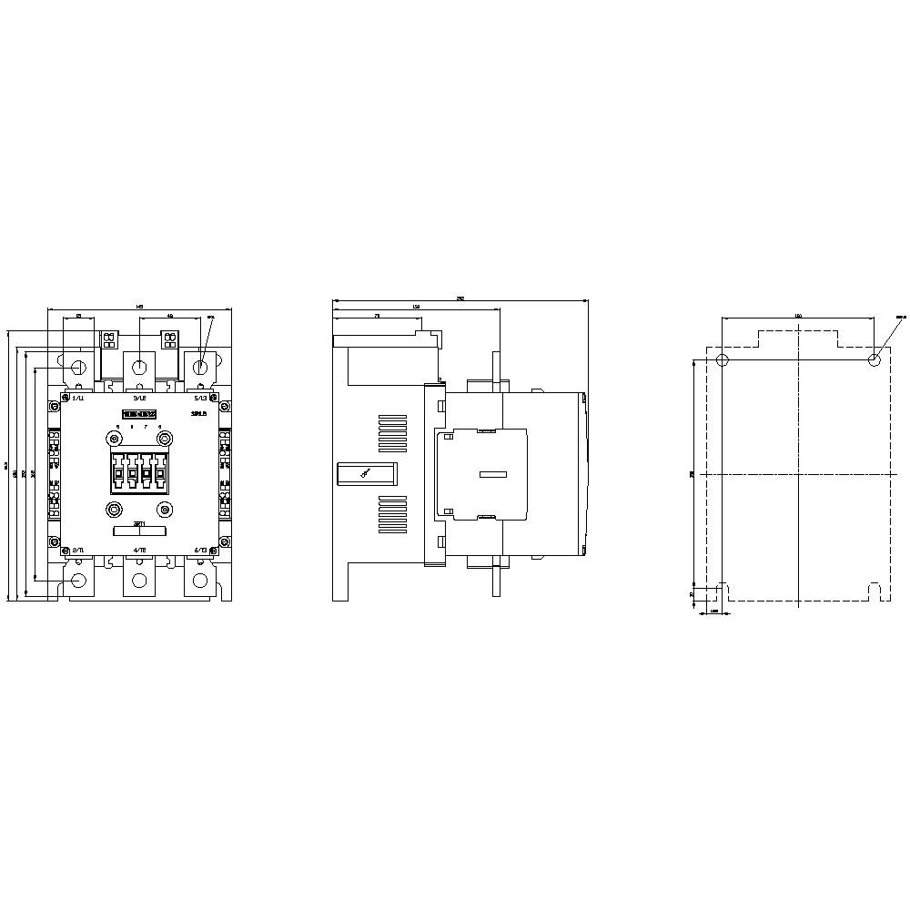 Technical drawing of an electrical switchboard, shown in three views: front, side, and top. Details illustrate connections and internal components.