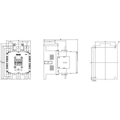 Technical drawing of an electrical switchboard, shown in three views: front, side, and top. Details illustrate connections and internal components.