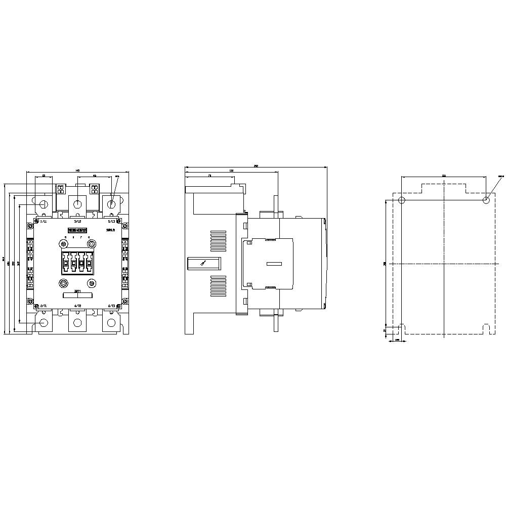 Technical drawing of an electrical contactor switch with three views: front, side, and top view. Contains detailed components.