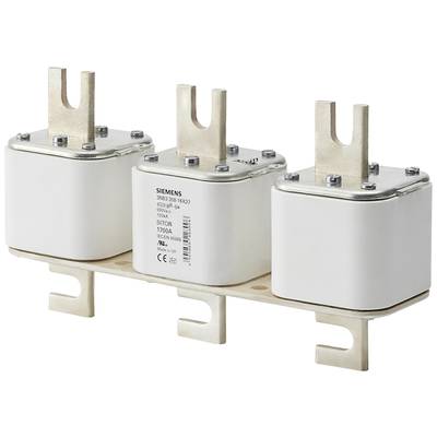 Three white electrical fuses on a mounting bracket, labelled 'Siemens', suitable for high-current applications in industrial environments.