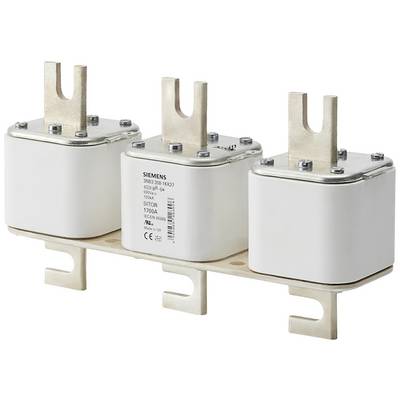 A white fuse with three ceramic bodies arranged in parallel on a metal mounting bracket, fitted with metal screws.