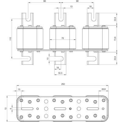 Technical drawing of an electrical component with dimensions in millimetres. Shows three vertical components, top view below.