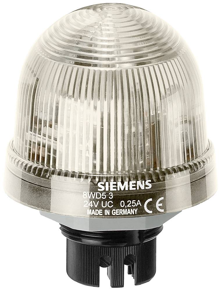 Dome-shaped warning light by Siemens with transparent housing, 24V, 0.25A, suitable for safety applications. Manufactured in Germany.