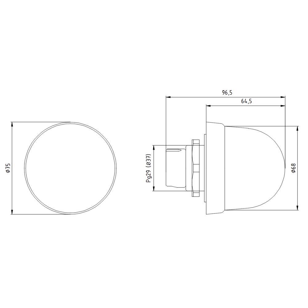 Technical drawing of a round object with dimensions. Side view shows depth of 96.5 mm and height of 68 mm. Front view shows diameter of 97.5 mm.