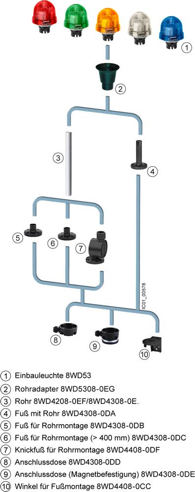 Pipework Diagram with Various Components: Recessed Light, Pipe Adapter, Pipes, Feet, Connections. Numbered Explanations.