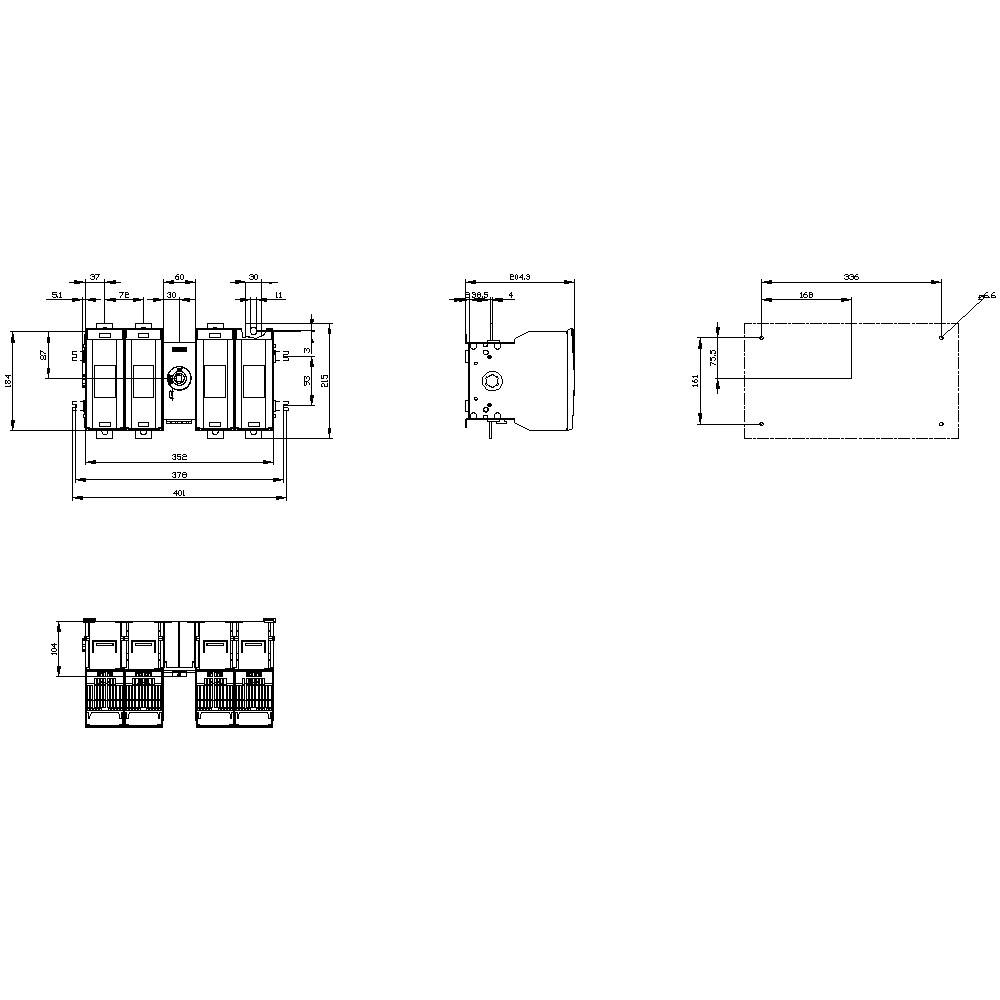 Technical drawing of an electrical component with dimensions. Shows top view, side view, and cross-section with size specifications.