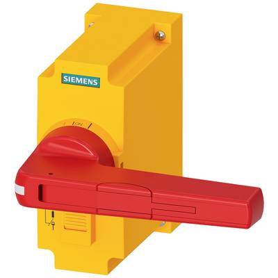 A yellow and red main switch by Siemens, with its handle in the Off position, is used for safely disconnecting electrical devices.