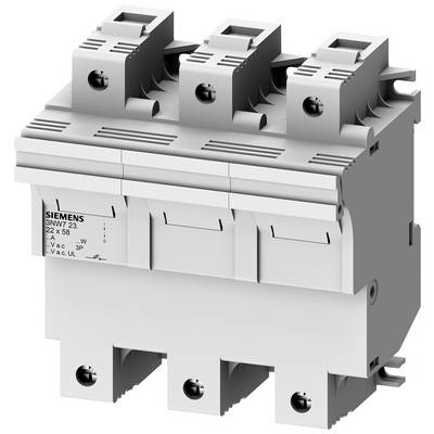 A three-pole Siemens power circuit breaker in grey. It features three switching blocks and is designed for electrical circuits.