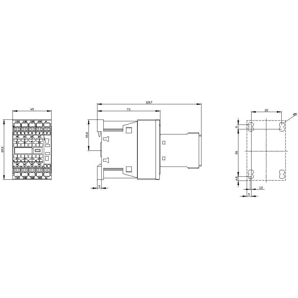 Technical drawing of a connector, showing front, side, and top views with precise measurements in millimetres.
