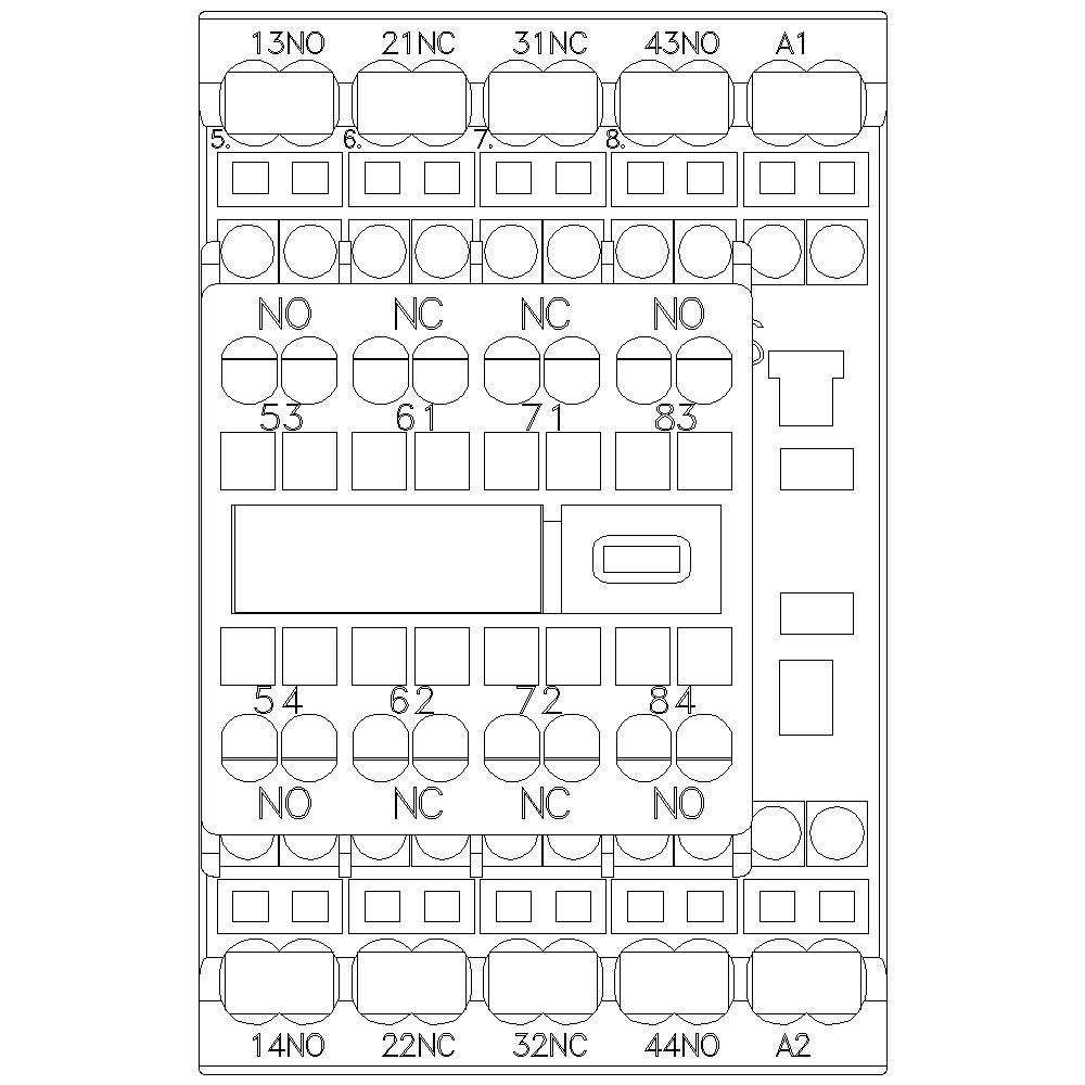 'Circuit diagram of a relay with multiple terminals, typically with NO (normally open) and NC (normally closed) contacts.'