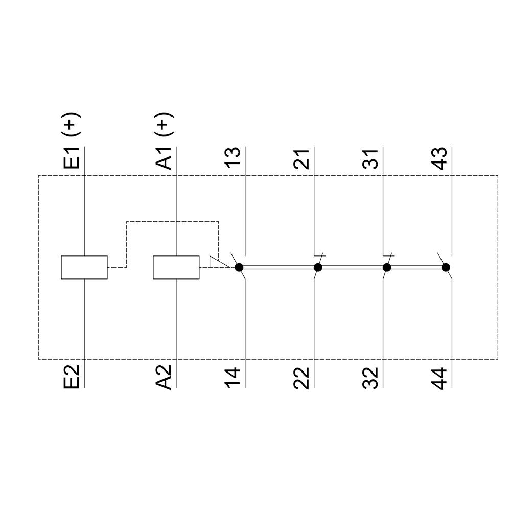 Circuit diagram of an electrical installation with two inputs (E1, E2), two outputs (A1, A2) and a continuous connection from 13 to 44.